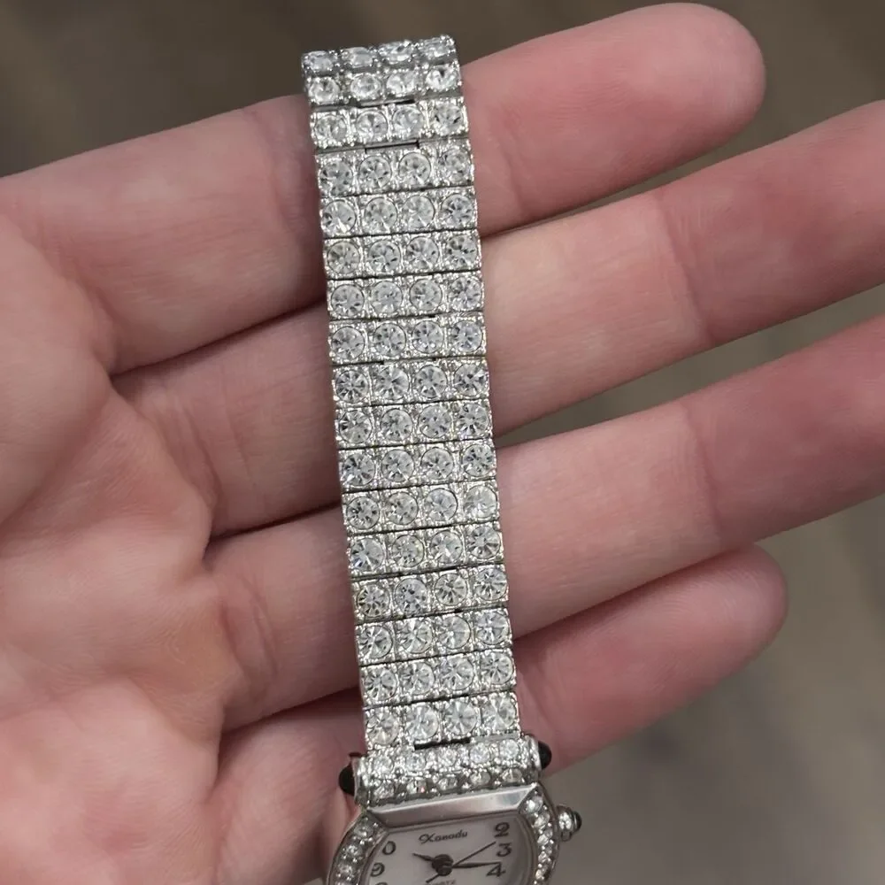 Vintage Xanadu Watch Rhinestone Silver Tone Bracelet MOP Needs Battery 6.75